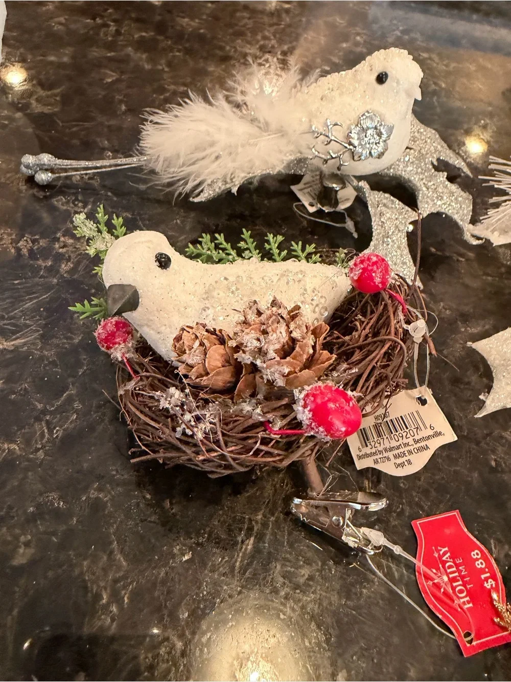 Festive Gold Pinecone & Bird Holiday Ornament Set and holiday bags and decor box